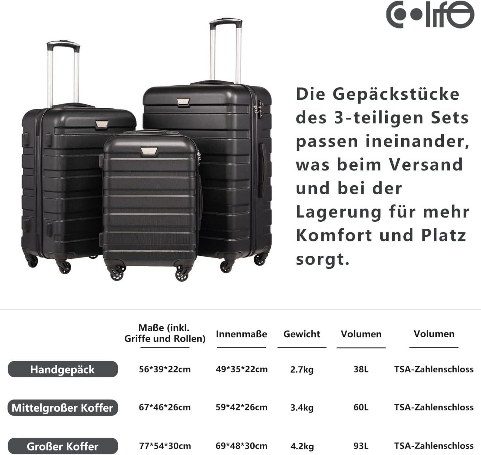 COOLIFE Hartschalenkoffer Kofferset Trolley Rollkoffer 4 Rollen TSA-Schloss