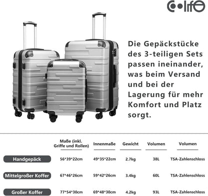 COOLIFE Hartschalen-Koffer 4 Rollen TSA-Schloss ABS Graulila 38L