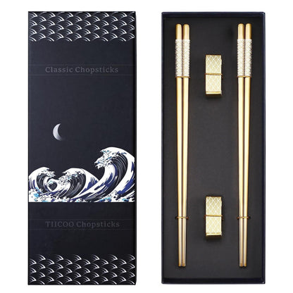 Edelstahl Essstäbchen Set mit Ständer - Goldenes Geschenk im Japan-Stil