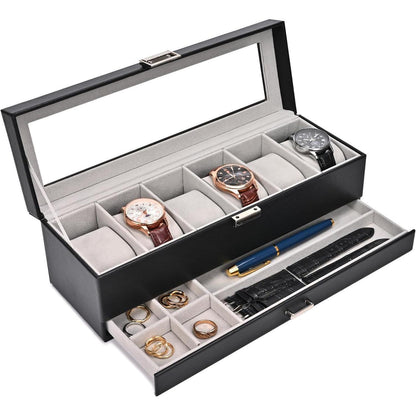 Uhrenbox mit 6 Fächern und Schublade, Glasdeckel, Schwarz