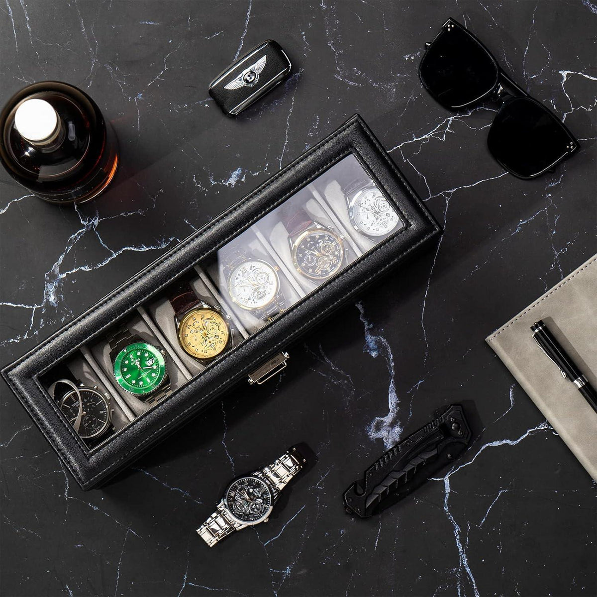 Uhrenbox mit 6 Fächern und Schublade, Glasdeckel, Schwarz