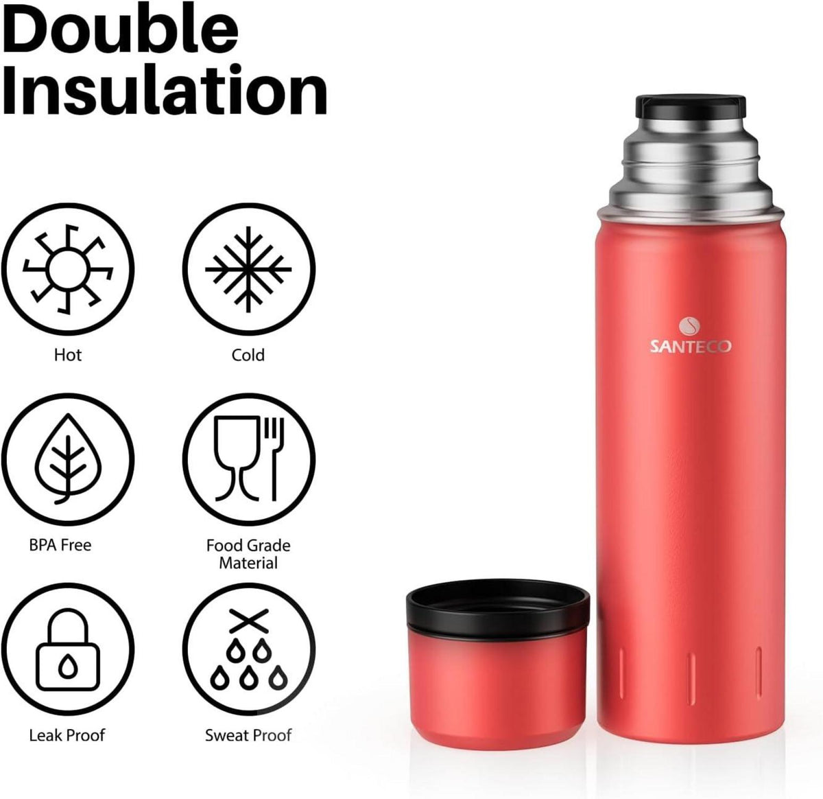Edelstahl Thermoskanne Isolierflasche 1l Trinkbecher Kalt Warm Rot