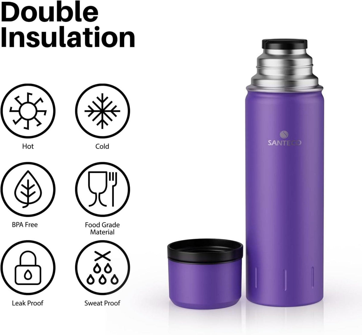 Thermoskanne Isolierflasche Edelstahl 1l 500ml Auslaufsicher Trinkbecher Violett