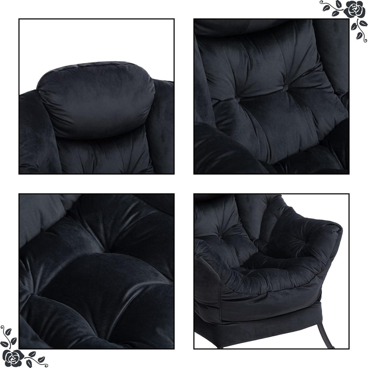 Ohrensessel mit Hocker | Samt Relaxsessel Wohnzimmer Sessel Schwarz