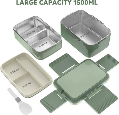 WayEee Bento Box Lunchbox Erwachsene Edelstahlfach Auslaufsicher 1500ml Grün
