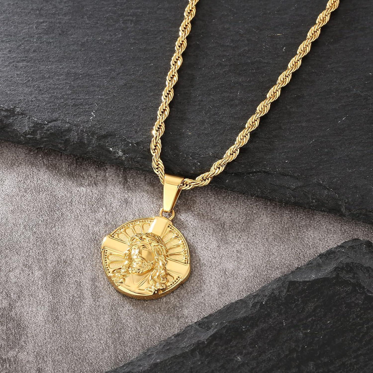 Herren Jesus Münze Anhänger Kette 18K vergoldet 55,9cm Edelstahl Goldkette