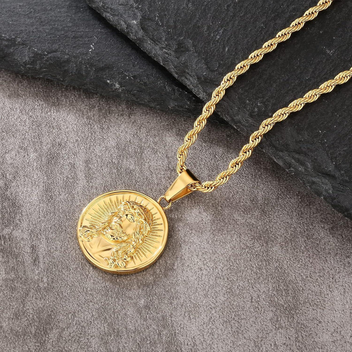 Herren Goldkette mit Jesus Anhänger 18K vergoldet, 55,9cm Kordelkette