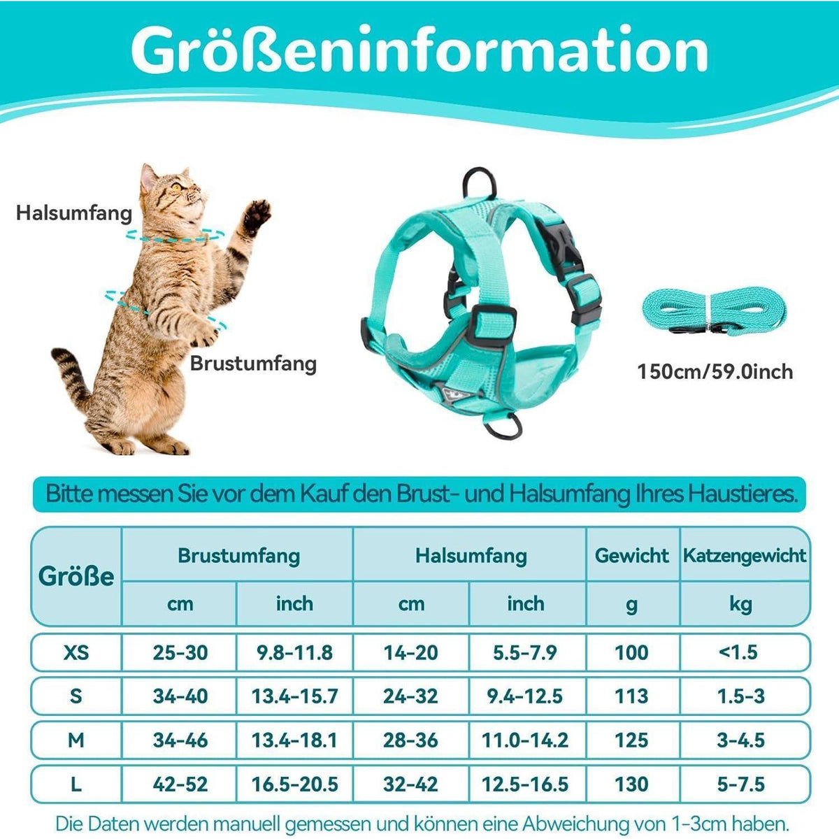 Ausbruchsicheres Katzengeschirr mit Leine, Mintgrün S