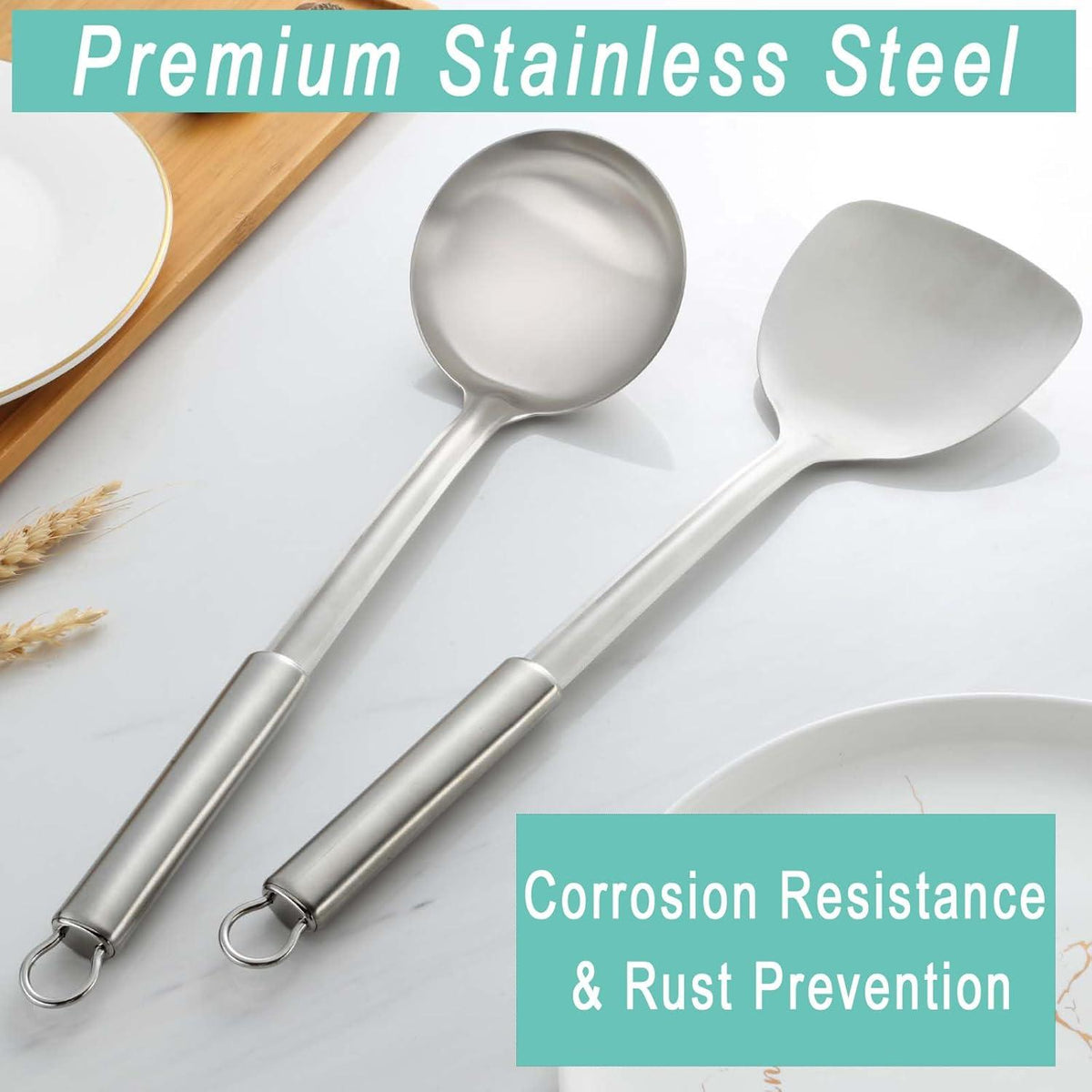 Edelstahl Wok Pfannenwender und Suppenkelle Set 34.5cm 37cm