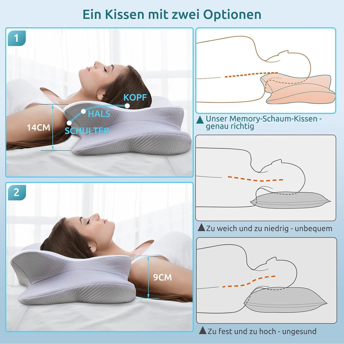 Memory Foam Nackenkissen Seitenschläfer ergonomisch 63 x 38 x 14 cm