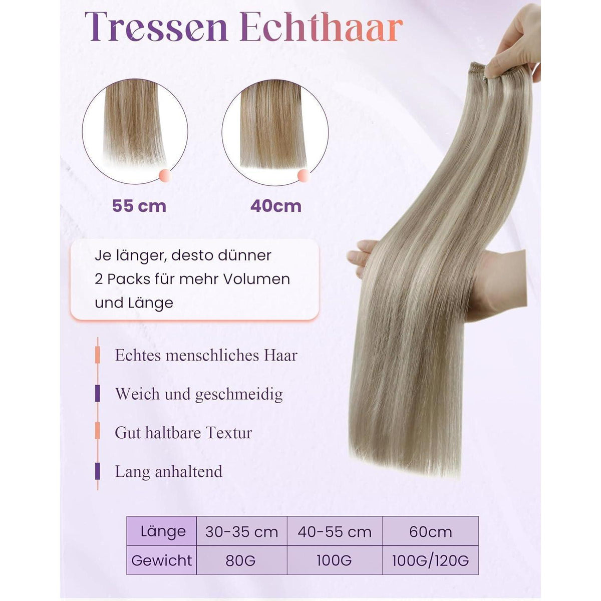 Echthaar Tressen Blond Highlight #P18/613 – 45cm, 100g