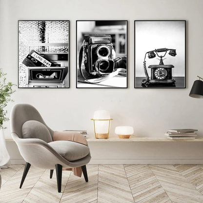 Poster Set Schwarz Weiß Vintage Kameras Telefone Wanddeko