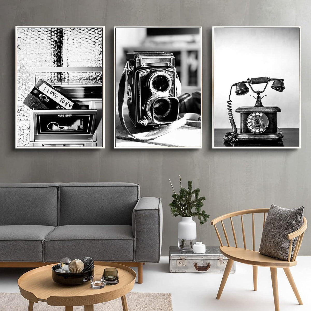 Poster Set Schwarz Weiß Vintage Kameras Telefone Wanddeko