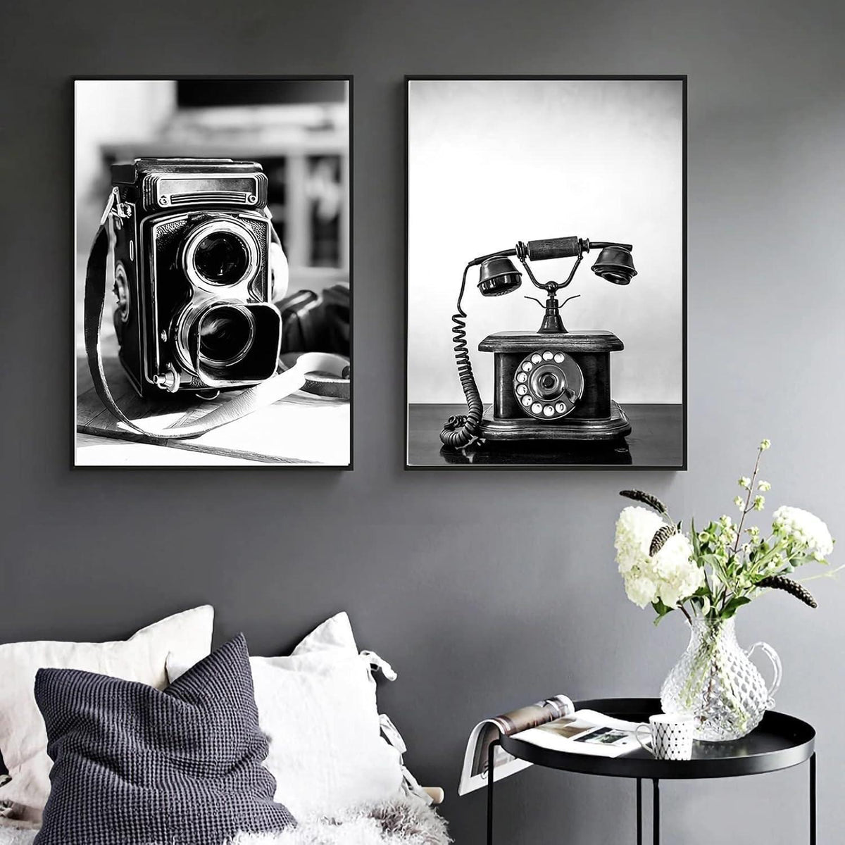 Poster Set Schwarz Weiß Vintage Kameras Telefone Wanddeko