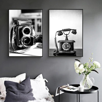Poster Set Schwarz Weiß Vintage Kameras Telefone Wanddeko