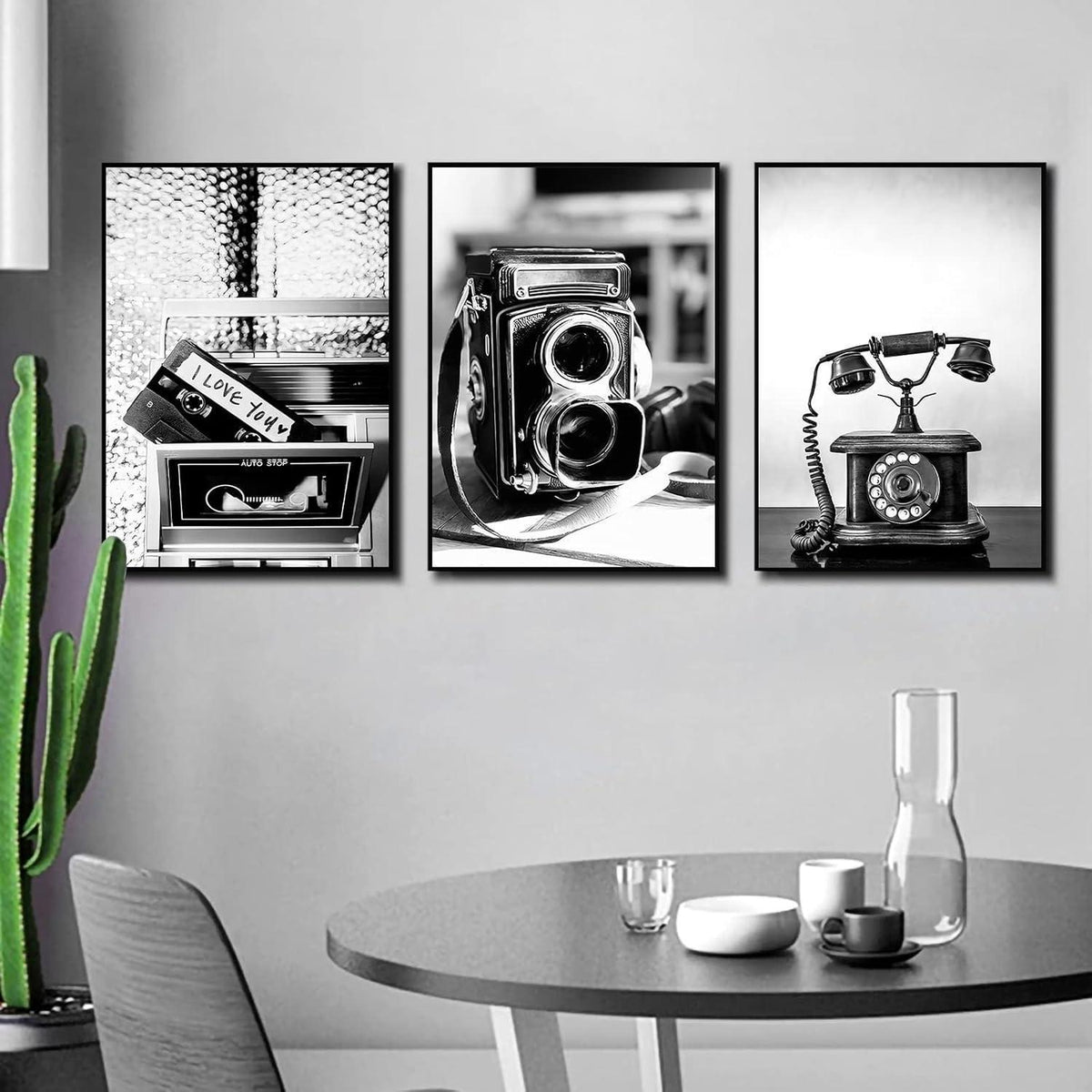 Poster Set Schwarz Weiß Vintage Kameras Telefone Wanddeko