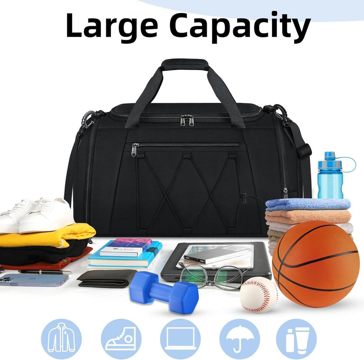NUBILY Sporttasche Herren Damen 40L Wasserdicht Schwarz Gym Duffle Bag