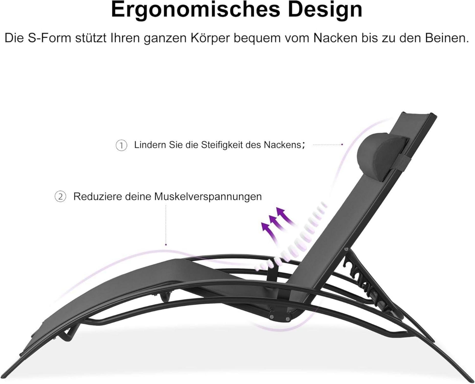 2er-Set Sonnenliege Aluminium Gartenliege Beistelltisch Kopfkissen Schwarz