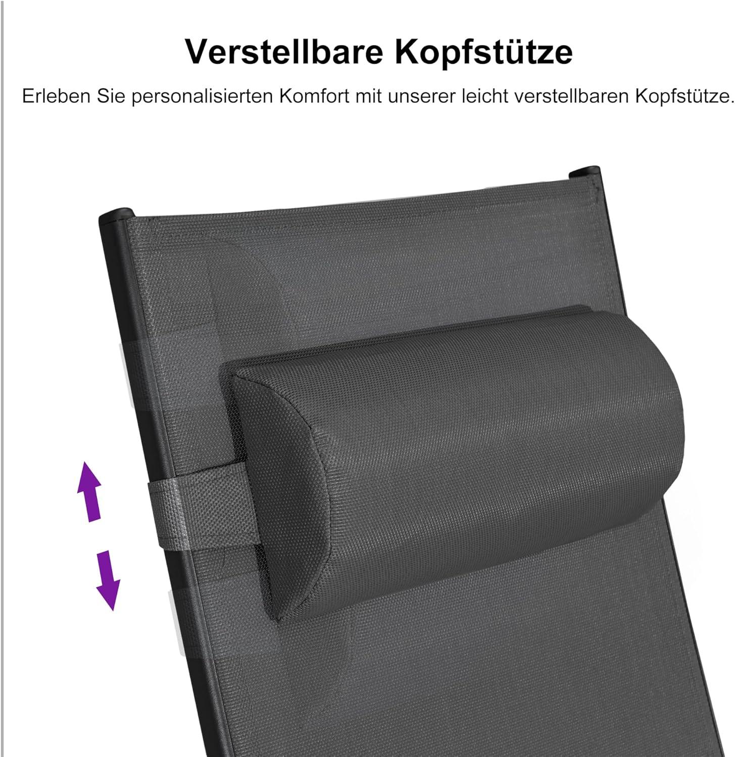 Sonnenliege Aluminium Gartenliege 2er-Set Beistelltisch, Kopfkissen 4-Fach Verstellbar Schwarz
