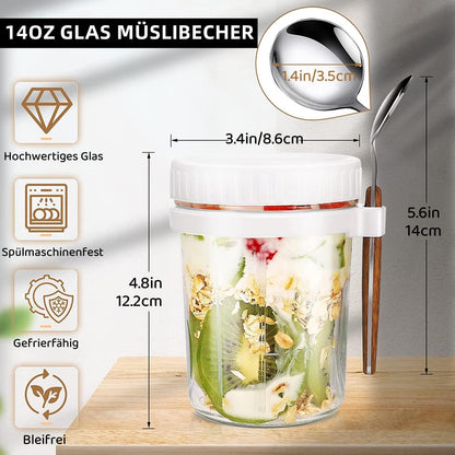 Müslibecher Glas to go mit Löffel 400ml Joghurtbecher Overnight Oats Gläser