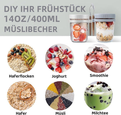 Müslibecher Glas to go mit Löffel 400ml Joghurtbecher Overnight Oats Gläser