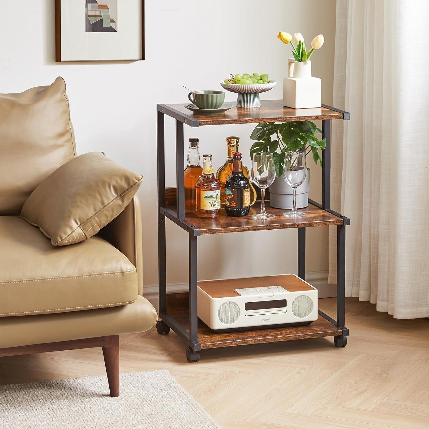 Druckerständer 3-Tier mit Rollen, Ablage, für Büro, Zuhause - Schwarz/Rustikal
