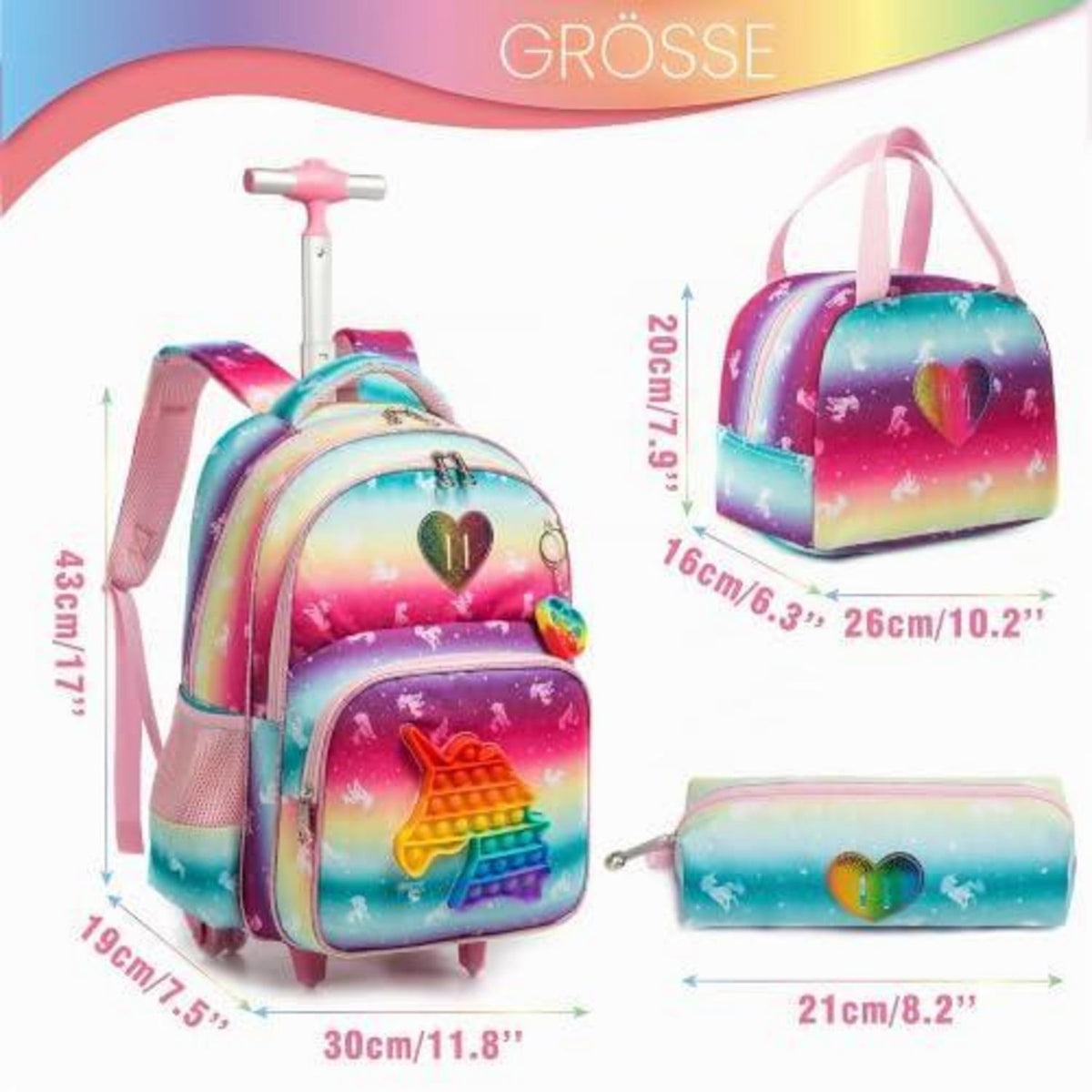 Schulranzen mit Rollen für Mädchen – Einhorn Design mit Zubehör