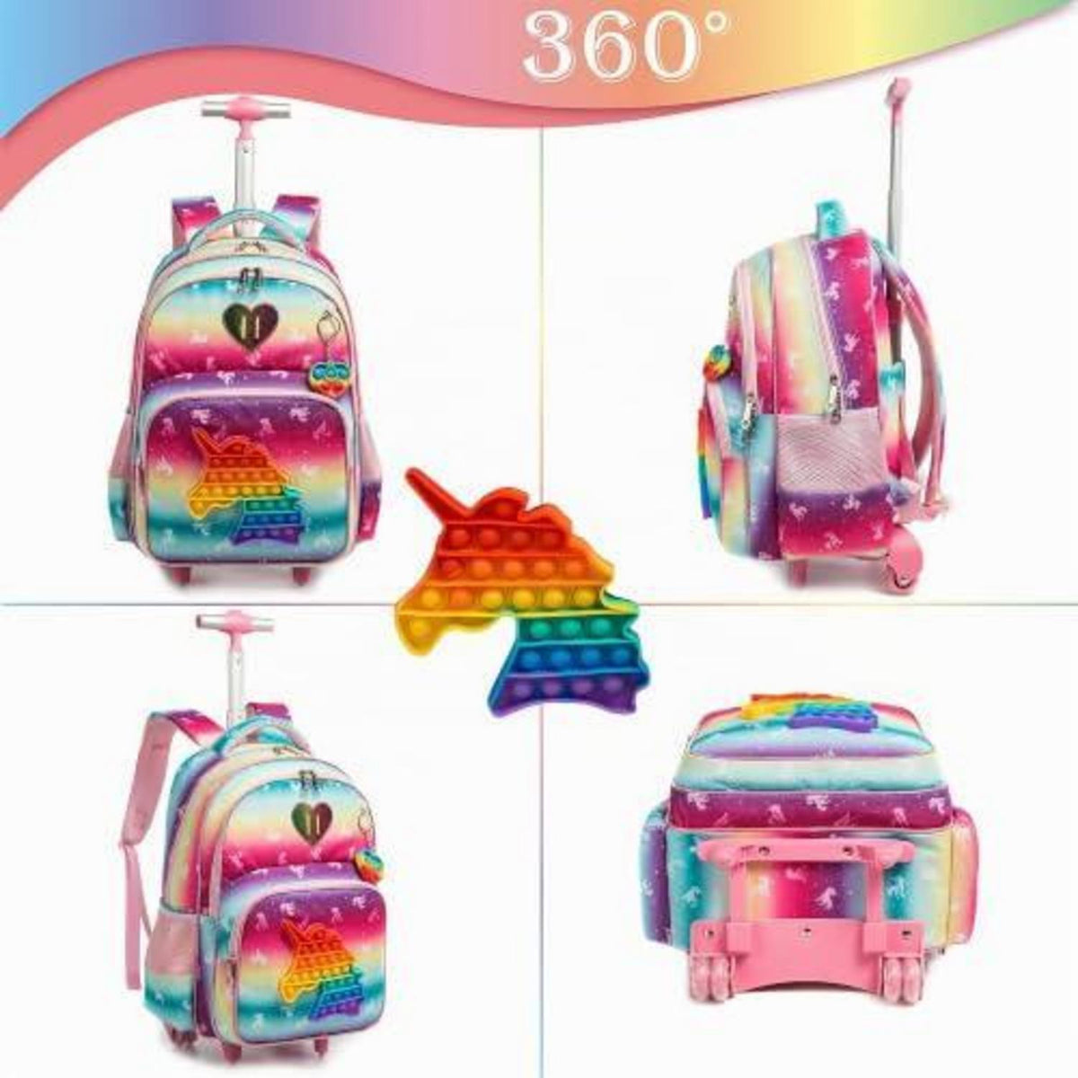 Schulranzen mit Rollen für Mädchen – Einhorn Design mit Zubehör