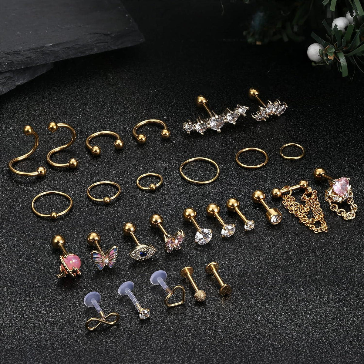 27 Stück 16G Chirurgenstahl Helix Tragus Piercing Set Zirkonia Gold