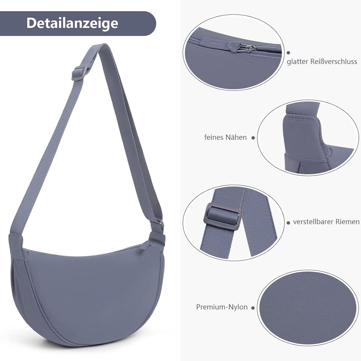 Halbmond Crossbody Schultertasche für Damen mit verstellbarem Gurt