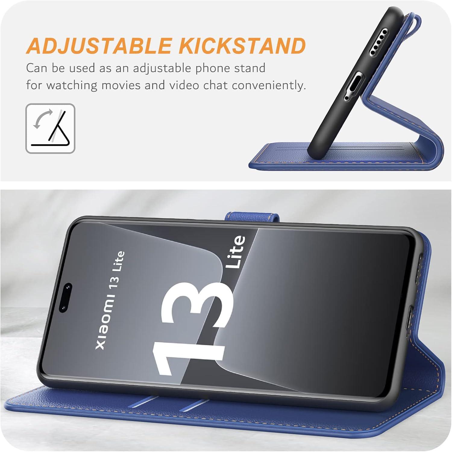 Handyhülle Xiaomi 13 Lite Leder Klapphülle Blau mit Kartenschlitzen Magnetverschluss Standfunktion
