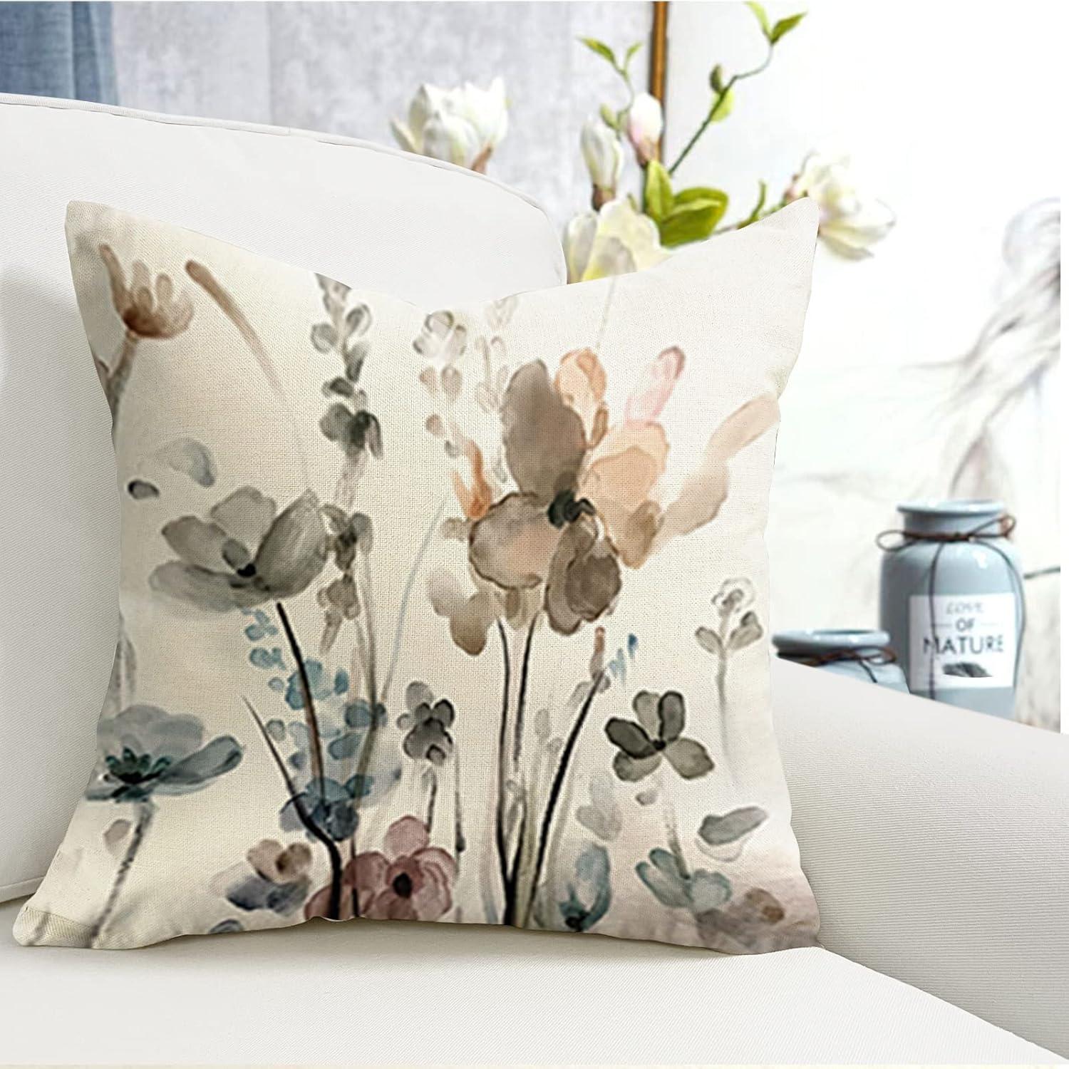 YCOLL Blumen Kissenhülle 40x40 4er Set Leinen Sofakissen Aquarell Malerei modern