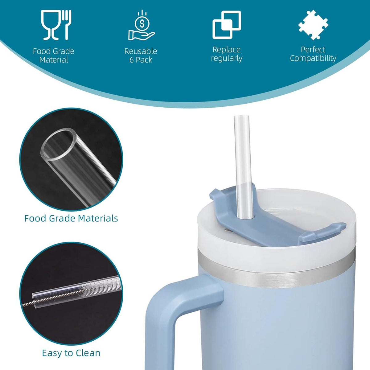 6er Set Strohhalme für Stanley Reisebecher, kompatibel mit 20/30/40 oz Becher, klare Strohhalme mit Reinigungsbürste