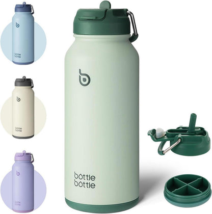Isolierte Edelstahl Trinkflasche 1L mit Strohhalm und Pillendose