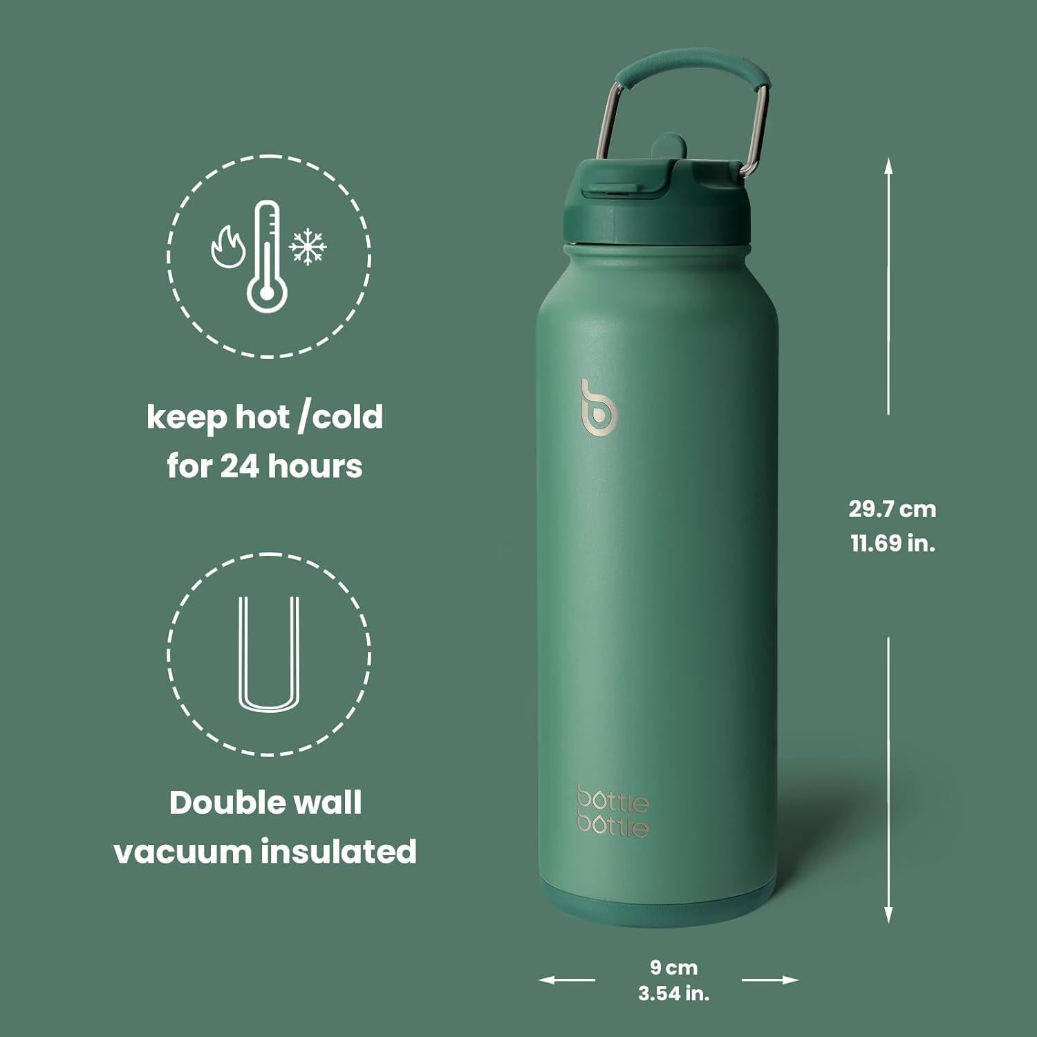 Isolierte Wasserflasche 1,2 l mit Strohhalm und Pillendose, Grün