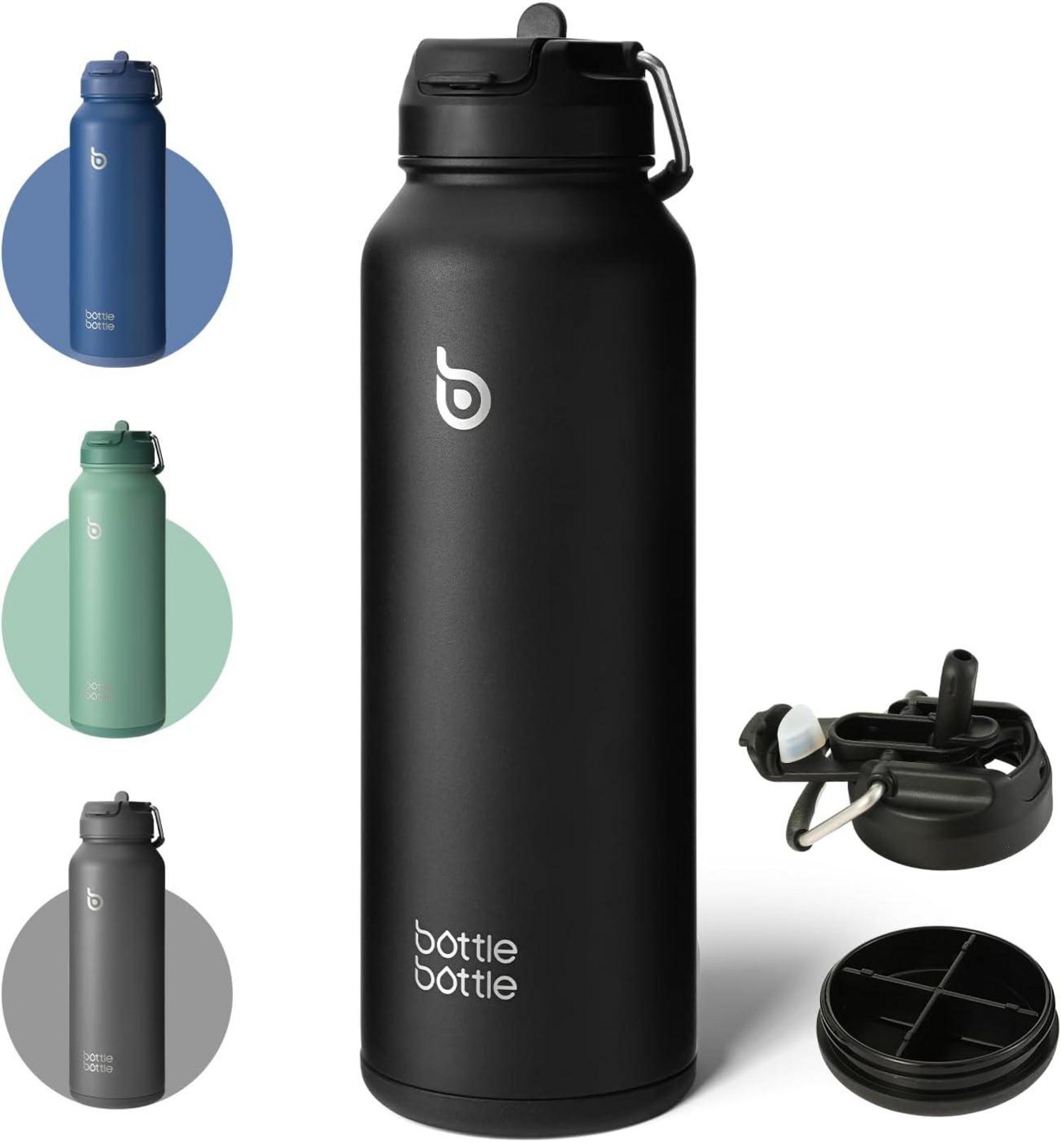 Isolierte Sport-Wasserflasche mit Strohhalm und Pillendose 1,2 l