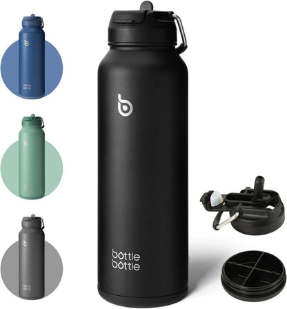 Isolierte Sport-Wasserflasche mit Strohhalm und Pillendose 1,2 l