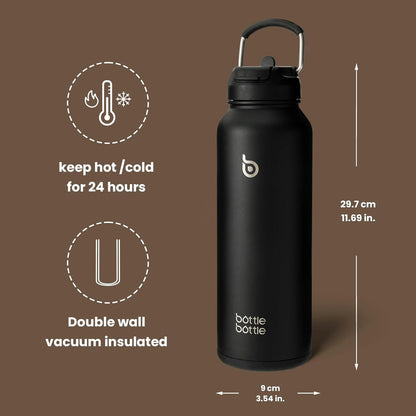 Isolierte Wasserflasche Strohhalm Edelstahl 1,2 l Schwarz