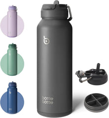 Isolierte Sport-Wasserflasche 1,2 l mit Strohhalm und Pillenhalter