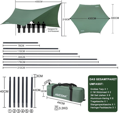 JAICOM Tarp 3,7x4,3 - Wasserdicht, Ultraleicht, UV-beständig