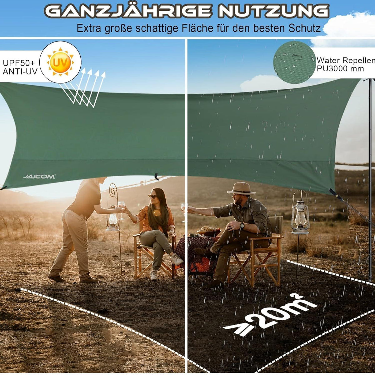 JAICOM Tarp 3,7x4,3 Wasserdicht und Ultraleicht, mit Stützstangen und Aluminiumpfählen