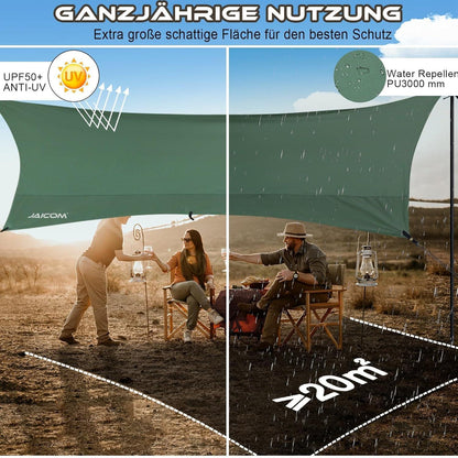 JAICOM Tarp 3,7x4,3 Wasserdicht und Ultraleicht, mit Stützstangen und Aluminiumpfählen