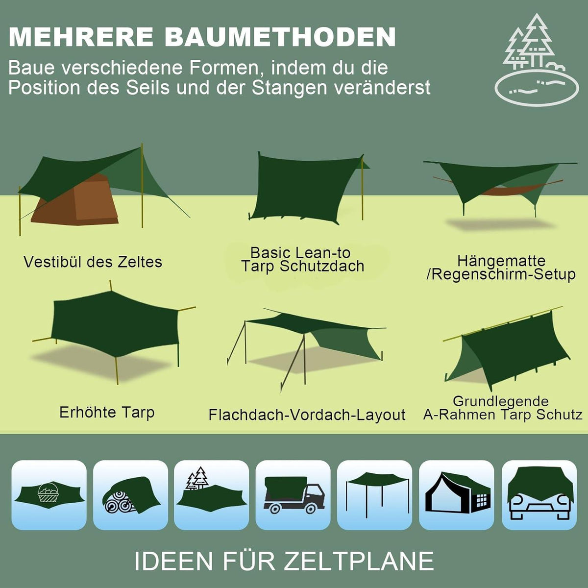 Wasserdichtes Ultraleicht Zeltplane 3,7x4,3 mit Stützstangen und