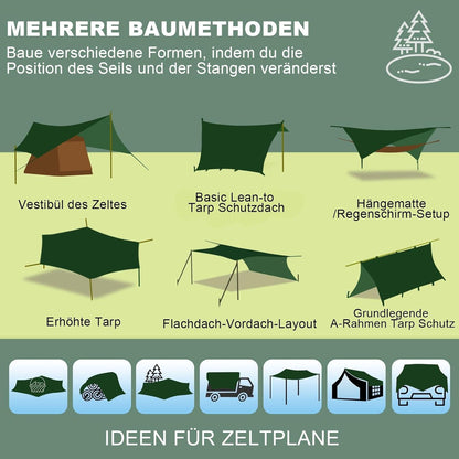 Wasserdichtes Ultraleicht Zeltplane 3,7x4,3 mit Stützstangen und