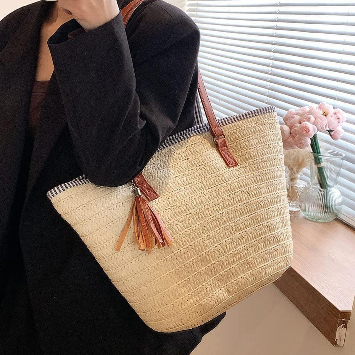 Stroh Strandtasche Damen Sommer Groß Geflochten Korbtasche