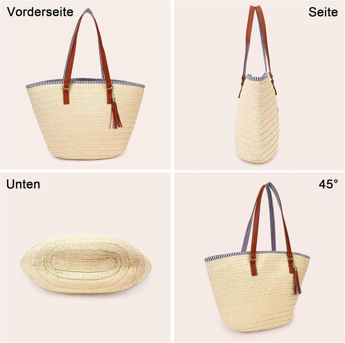 Strohtasche Damen Geflochten Korbtasche Stroh Handtasche Beige