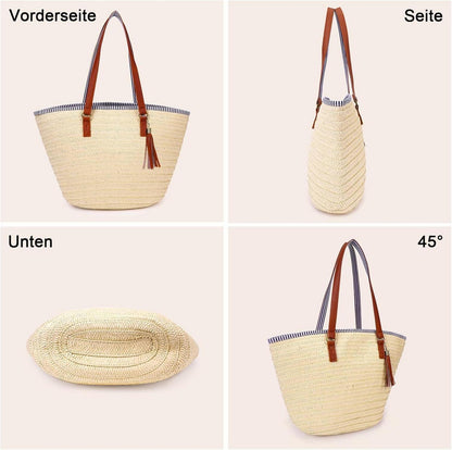 Strohtasche Damen Geflochten Korbtasche Stroh Handtasche Beige