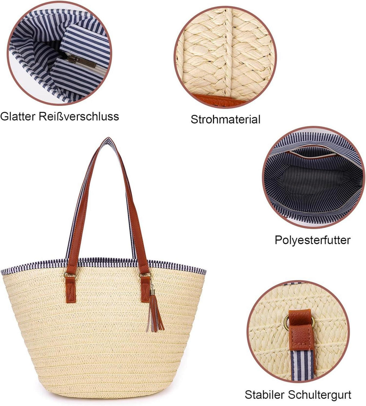 Strohtasche Damen Sommer Strandtasche Stroh Groß Geflochten Korbtasche Handtasche A-beige