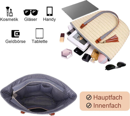 Strohtasche Damen Strand Geflochten Groß Korbtasche Handtasche Strandtasche
