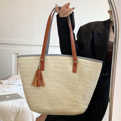 Strohtasche Damen Sommer Strandtasche Stroh Groß Geflochten Korbtasche